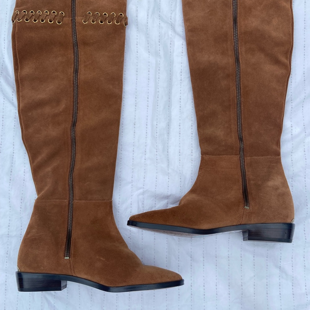 Michael Kors Malin Grommet Suede Leather Over The Knee Boots in Caramel - Picture 7 of 11